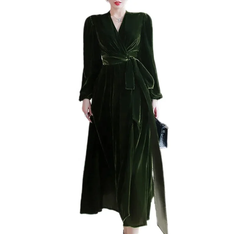 Velvet-Long-Sleeve-Dress-Waist-Tie-V-Neck-Wrap-Robe-Style-Dress-for-Women