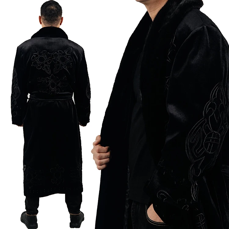 Velvet-Robe-Ultra-Warm-Thick-Fleece-Collar-Nomadic-Ethnic-Flower-Pattern-Embroidered-Mens-Jacket