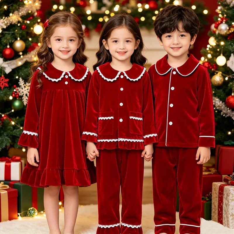 Velvet Xmas Family Matching Pajamas Set Christmas Red Children Sleepwear Winter Kids Clothing Boys Girls Loungewear