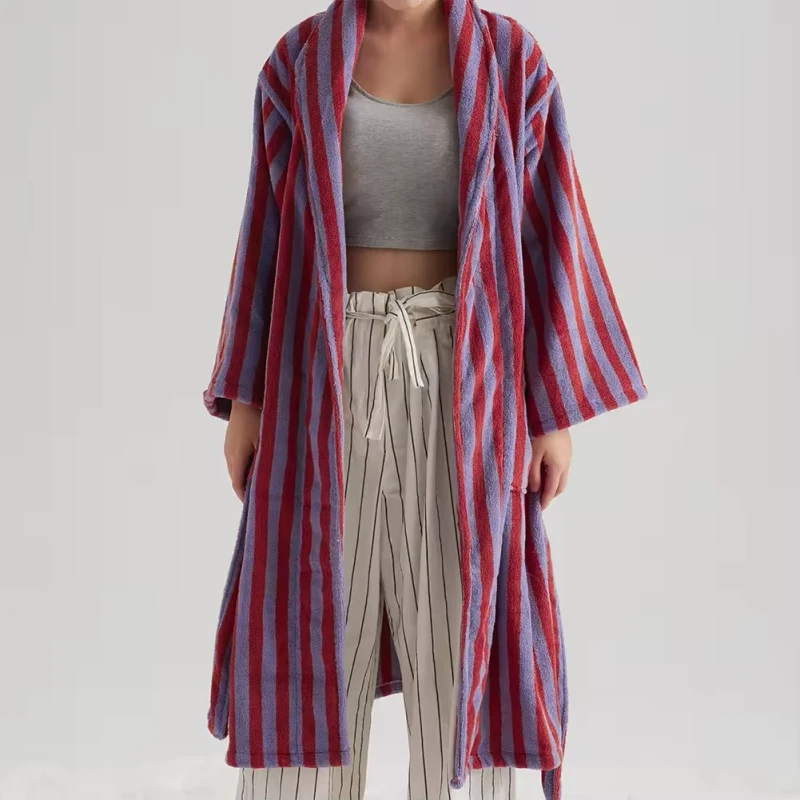 Vertical Stripes 100% Terry Cotton Bathrobes Men's and Women's Combed Long Pile Terry Cotton Bathrobes