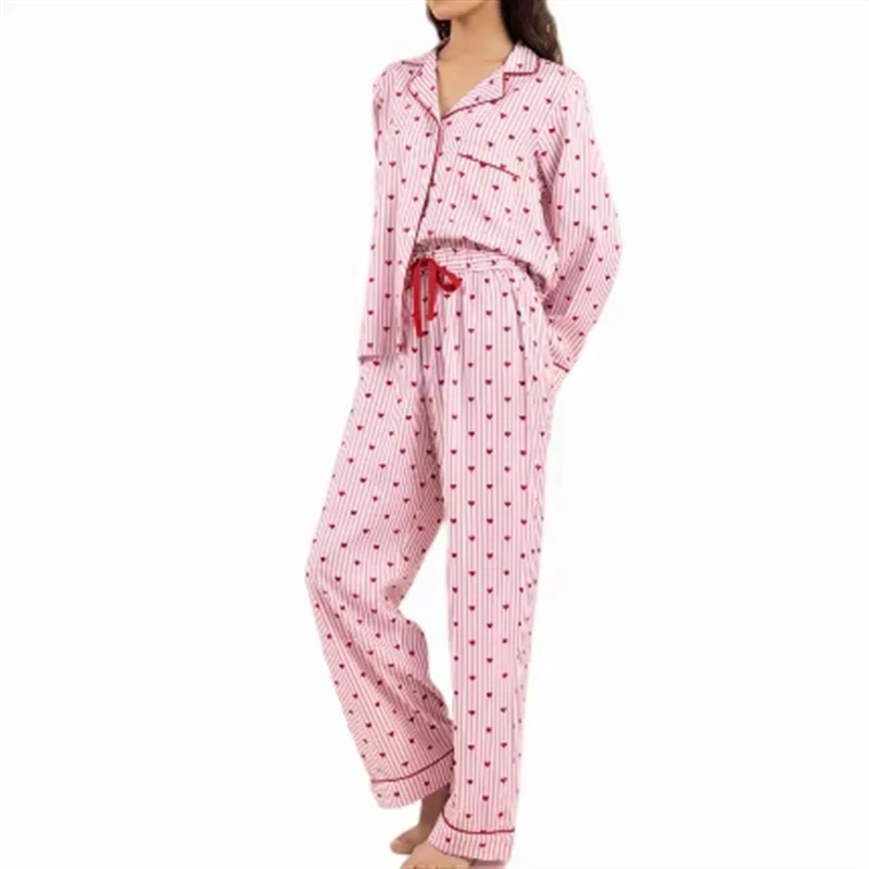 Viscose Women Sleepwear Pajamas Long Sleeve Custom Print Lounge Wear Button Womens