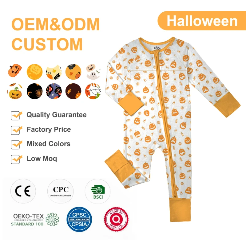 WEIWEI Halloween Viscose Organic Bamboo Baby Pajamas Custom RTS Mystery Box Kids Bamboo Zipper Pajamas Cartoon Print