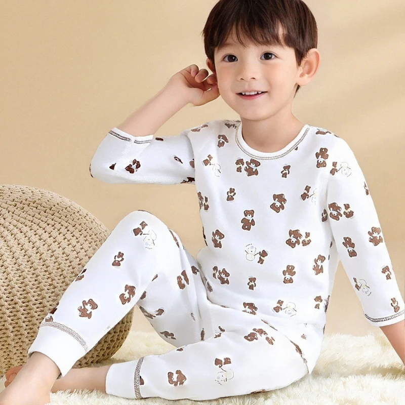 Warm Comfortable Bear Print Cotton Kids Pajamas Set Soft Jersey Long Sleeve Toddler Sleepwear for Boys