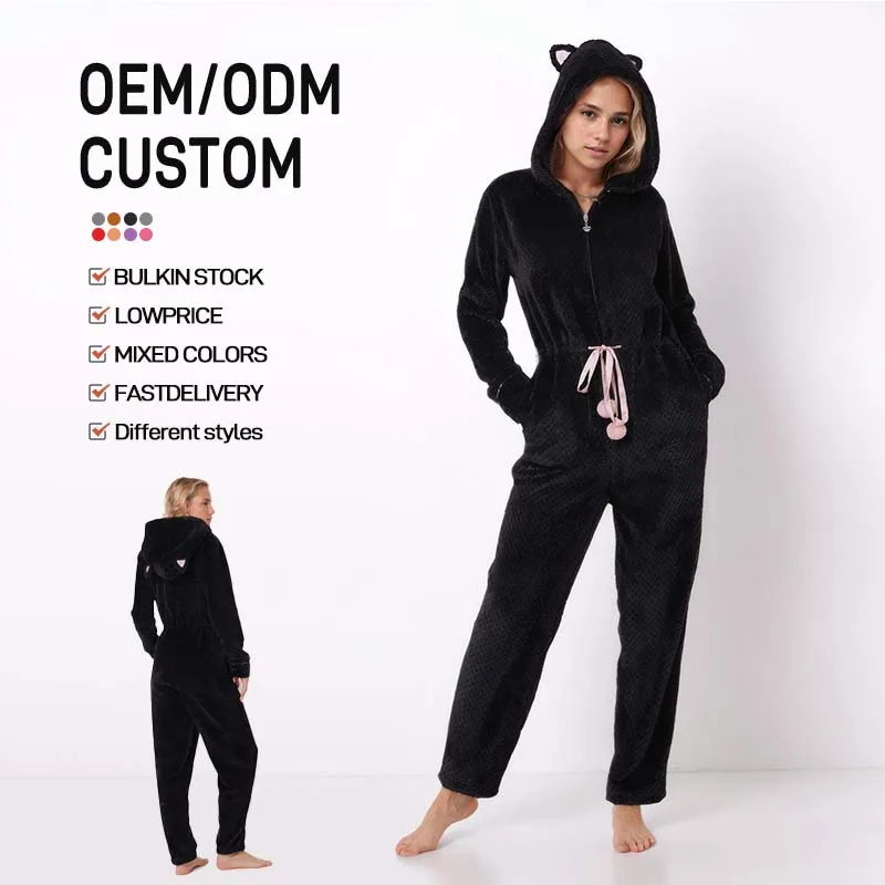 Warm Hooded Pajamas Winter Adult Casual Jumpsuits Zipper Warm Fleece Slim Sleepwear One-Piece Sleep Lounge Pajama