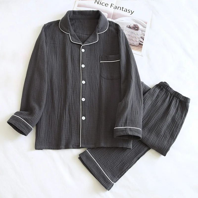 Warm Men's Pajamas Suit Long Sleeve Loose Large Size Crepe Men's Pajamas 100% Cotton