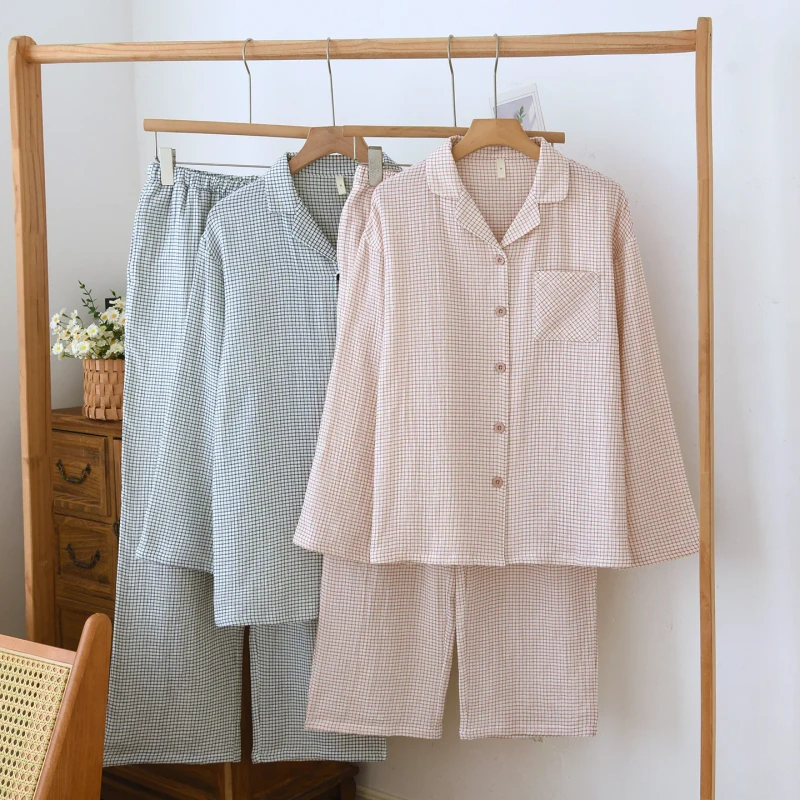 Washed Cotton Men's Women's Double-Layer Crepe Yarn Pajamas Couple's Suit Lapel Long-Sleeved Trousers Plaid Home Wear Breathable