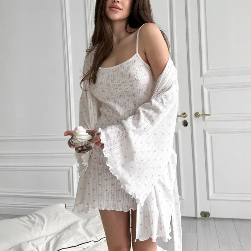 White Breathable Polyester Women's Skirt Nightdress 2pcs Pyjamas Custom Sleepwear Lounge Wear Sets for Women's Pajamas