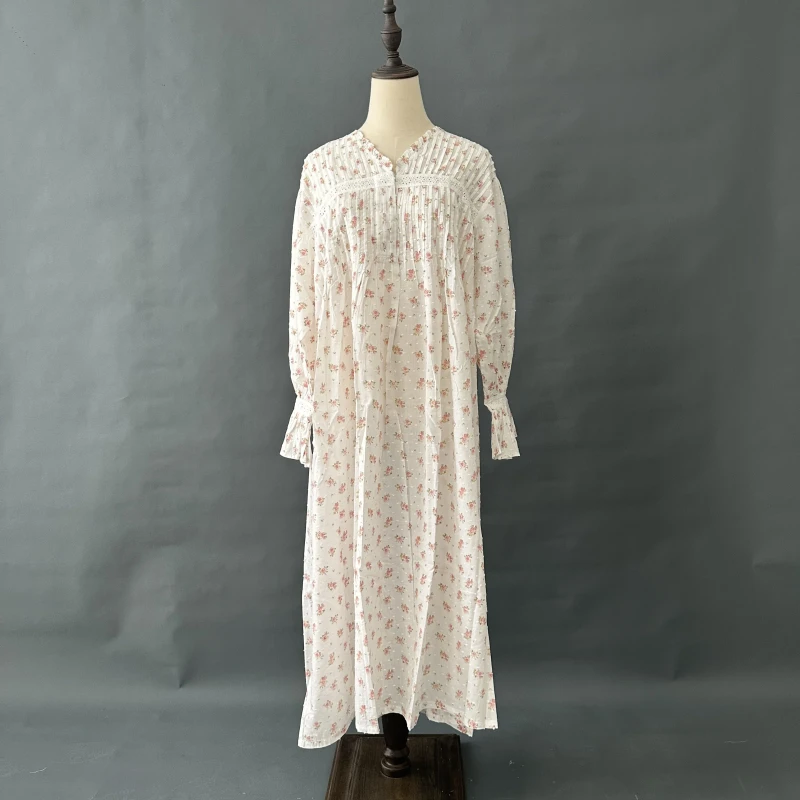 White Floral Long Sleeve Cotton Nightdress