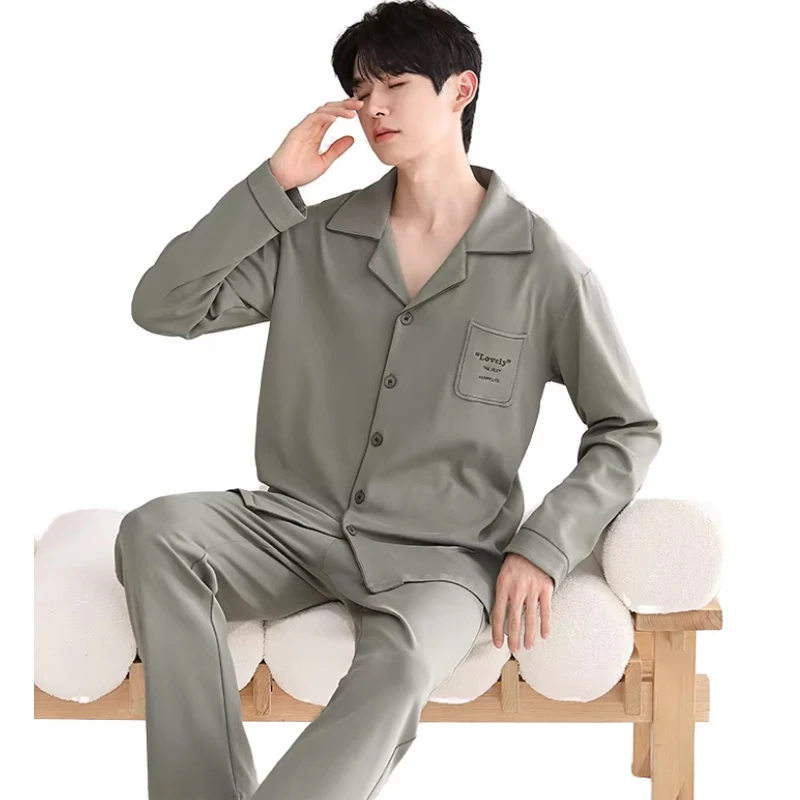Wildness Men's Cotton Pajama Set Classic Solid Color Button Down Sleepwear Soft 2 Piece Loungewear for Men
