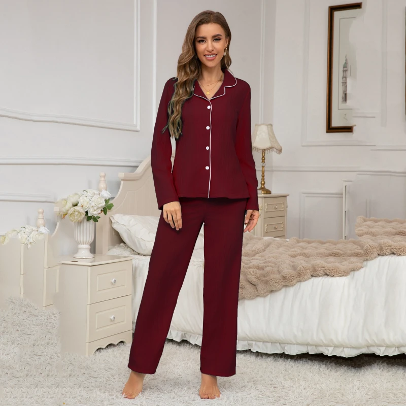 Wine Red Long Sleeve Pajama Set Women's Button Down Top & Pants Casual Sleepwear Loungewear