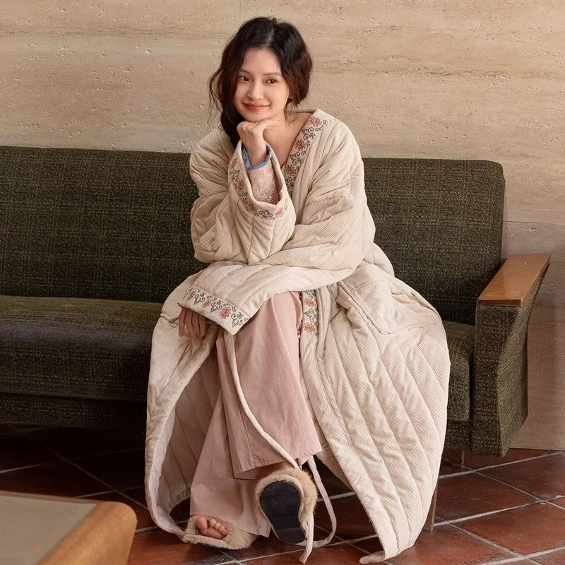 Winter Bathrobe, Three-layer Thickened Slanted Lapel Embroidered Women's Pajamas and Home Wear