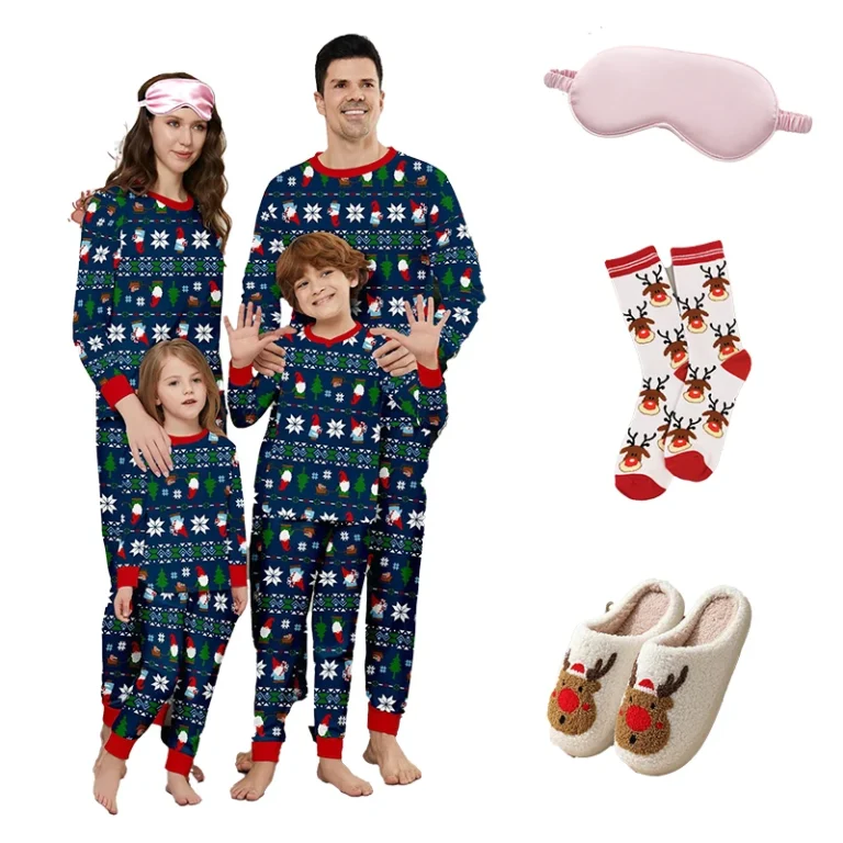 Winter-Christmas-Socks-slippers-Eye-Mask-Parent-Child-Outfit-New-Full-Flower-Printed-Contrast-Color-Long-Sleeve-Pajamas-Set