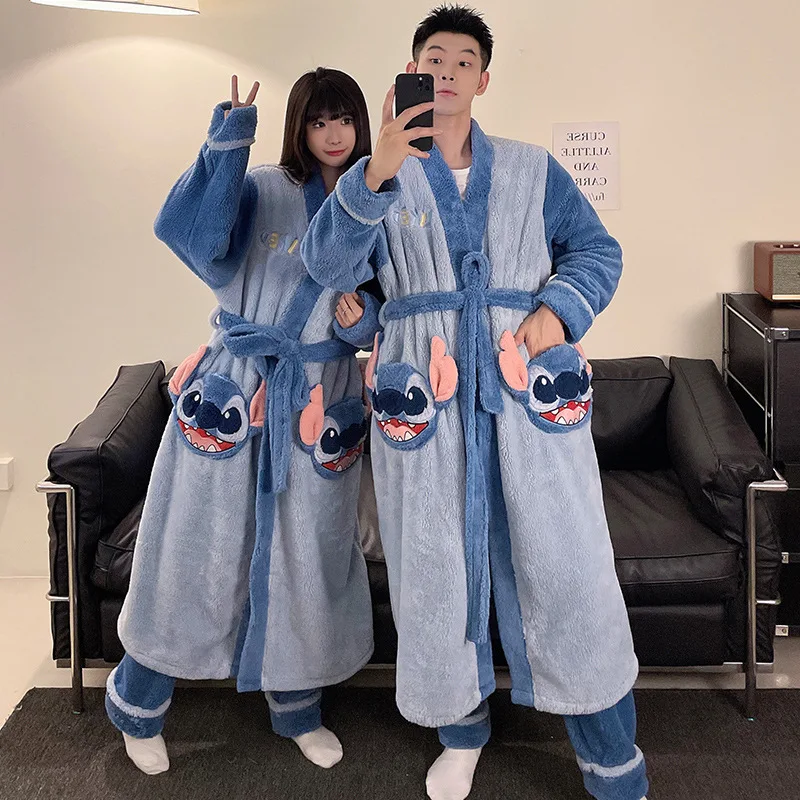 Winter Coral Fleece Couple Pajamas Thick Warm V neck Long Sleeve Elastic Waist Front Logo Cartoon Plus Size Bathrobe Set