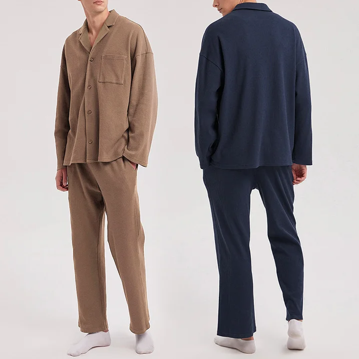 Winter Custom Casual Men's Plus Size Pajamas 2 Piece Long Sleeve Set Cozy Breathable Night Lounge Wear Home Knitted Waffle