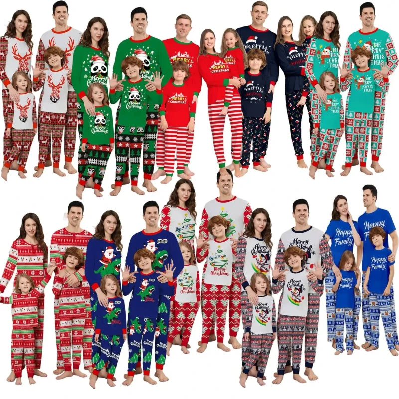 Winter Custom Christmas Family Pajamas with Elastic Waist Knitted Long Sleeve Lounge Set 3XL 4XL