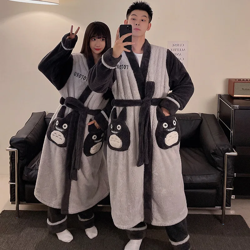 Winter Flannel Breathable Elastic Waist Women's Bathrobe Couple Pajamas Long Cartoon for V-Neck Plus Large Size Kimono