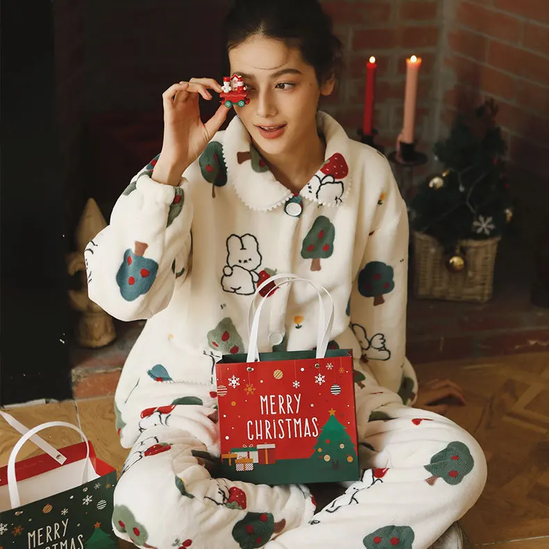 Winter Fleece Thickened Milk Cashmere Lamb Wool Composite Velvet Multi-color Printed Pajamas Loungewear Set