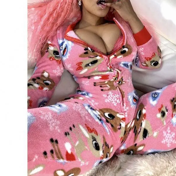 Winter Ladies Elk Deer Onesie Butt Flap Front Zipper Bodysuit Cartoon Printed Sleepwear Pajamas