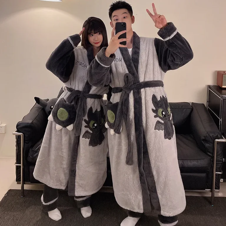 Winter-Large-size-Couple-Pajamas-with-Thick-Plush-and-Warm-Design-Cartoon-Womens-Robe-Set-Lapel-Large-size-Bathrobe
