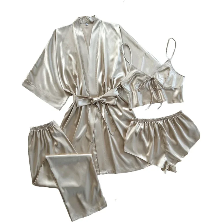 Winter-Sexy-and-Comfortable-Robe-With-Top-and-Pants-4-Piece-Womens-Satin-Pajamas-Set