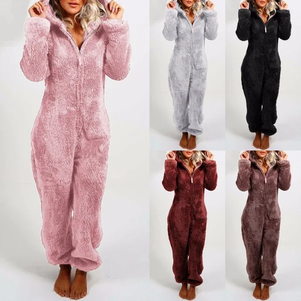 Winter Warm Pyjamas Women Onesies Fluffy Fleece Jumpsuits Sleepwear Overall Hood Sets Pajamas for Women Adult