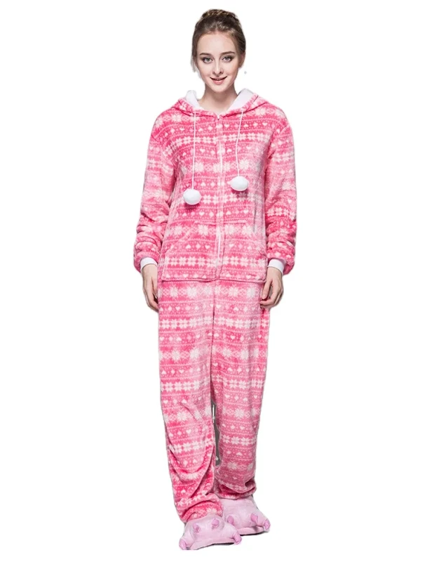 Winter Women Clothing Long Sleeve Fleece Onesie Jumpsuits Adult Fur Onesie Hooded Flannel Zip up Fleece Jumpsuits