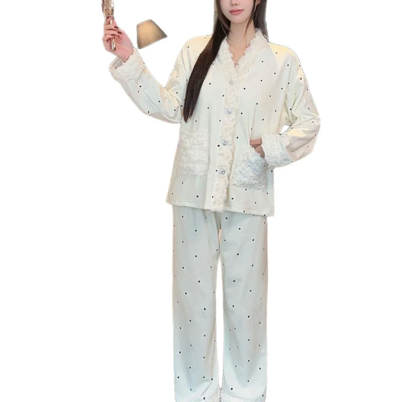 Winter Women's Thickened Double Sided Island Velvet Polka Dot Lace V Neck Long Sleeve Cardigan Two Piece Pajama Set