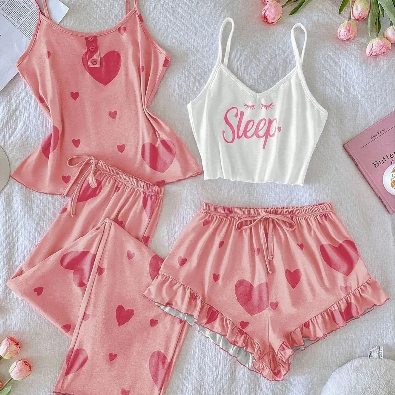 Women Camisole Shorts 4 Piece Sets Pajamas Sleep Letter Nightwear Two Suspender Top Trousers Summer Sleeveless Outfits Sleepwear