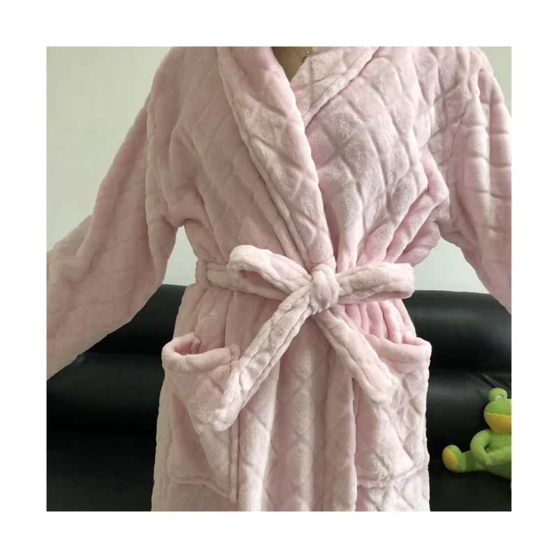 Women Casual Thermal Flannel Pajama Nightgown with Long Sleeves for Winter Polyester Sleepwear Home Jacquard Design