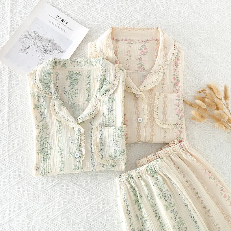Women Cotton Pajamas Lounge Set Two-piece Long Sleeve Long Pants Set Spring Autumn Winter Customized