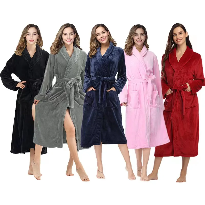 Women Dressing Gown Coral Fleece Warm Bathrobe for Home