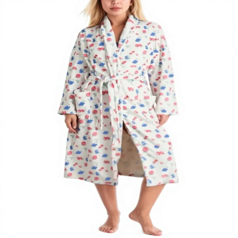 Women Fleece Fruit Print Cute Robe Spring Summer Lightweight Bathrobe Soft Flannel with Belt Machine Wash