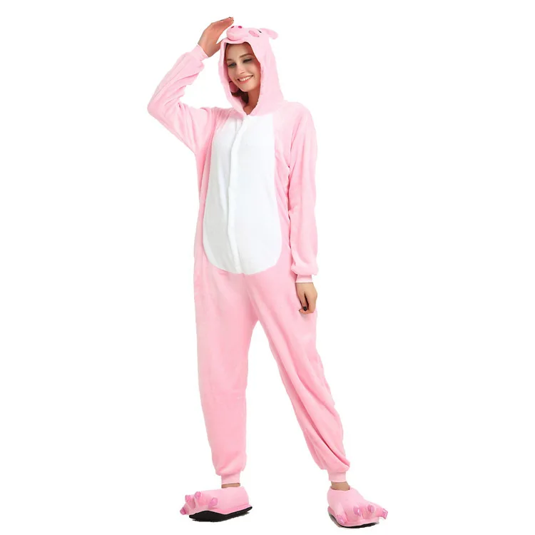 Women Fleece Onesie Jumpsuit Pink Pig Onesie Pajamas Home Wear Ladies Sleeping Onesie