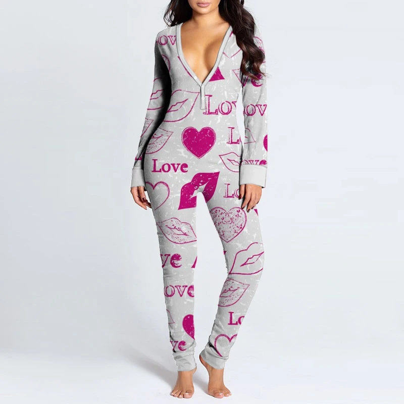 Women Floral Printed One Piece Jumpsuit Pajamas Deep V Neck Long Sleeve Sexy Loungewear for Spring Summer
