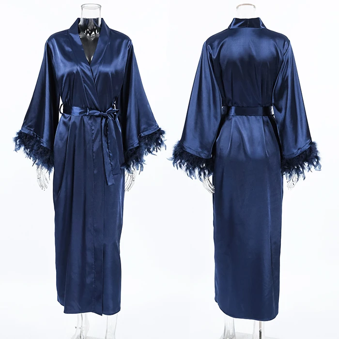 Women-High-Quality-Luxury-Solid-Summer-Long-Robe-with-Feather-Silk-Satin