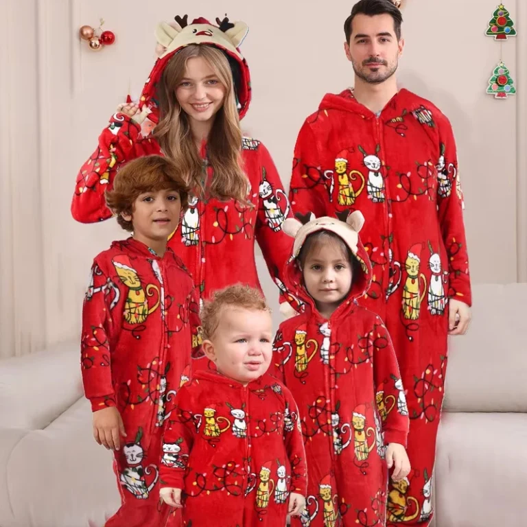 Women-Knitted-Thermal-Christmas-Jumpsuit-PJS-Cute-Cartoon-Printed-Hooded-Elastic-Waist-Front-Onesie-Pajamas-Family