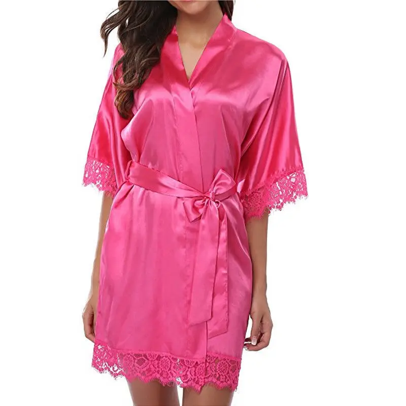 Women Lace Pajamas Robes Sleepwear Nightgowns Half Sleeve Nightdress Black Lace Bathrobe Smooth Soft Comfortable Pure Color