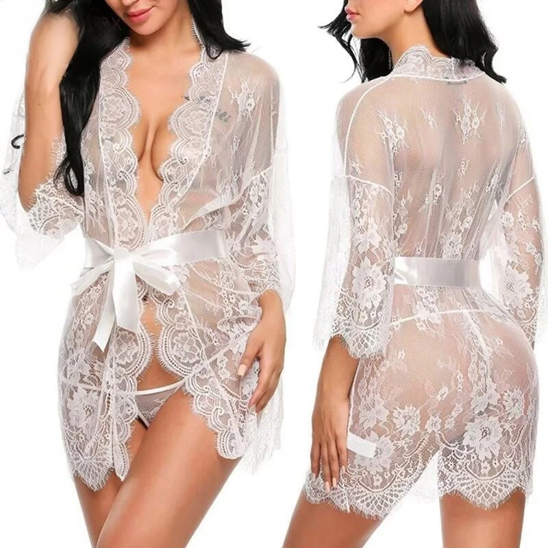 Women Lace Robe Underwear Mesh Nightgown Transparent Lace Soft Home Wear Sleepwear