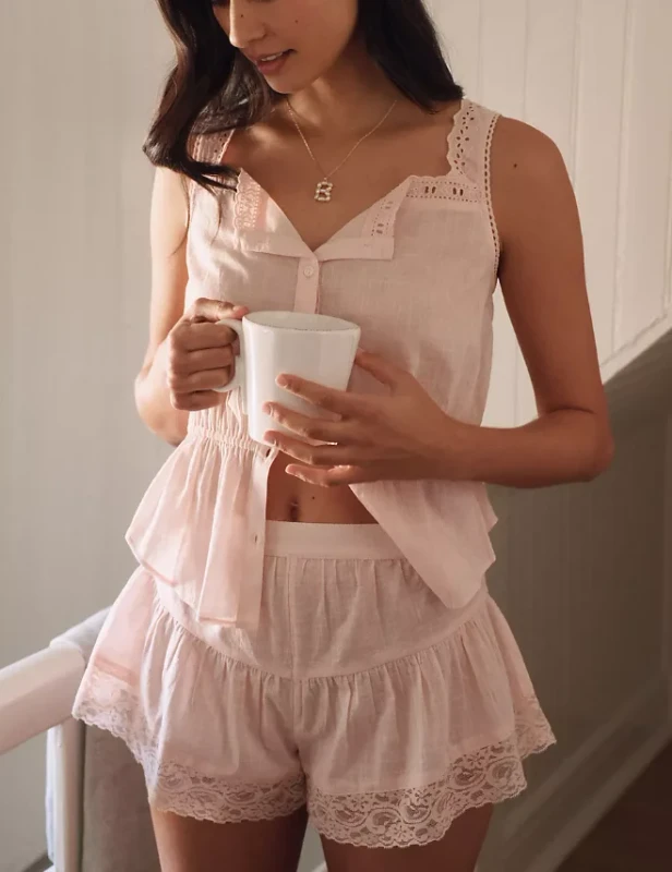 Women Lace Trim Pajama Set Sleeveless Button up Sleepwear Soft Breathable Loungewear Comfortable Nightwear