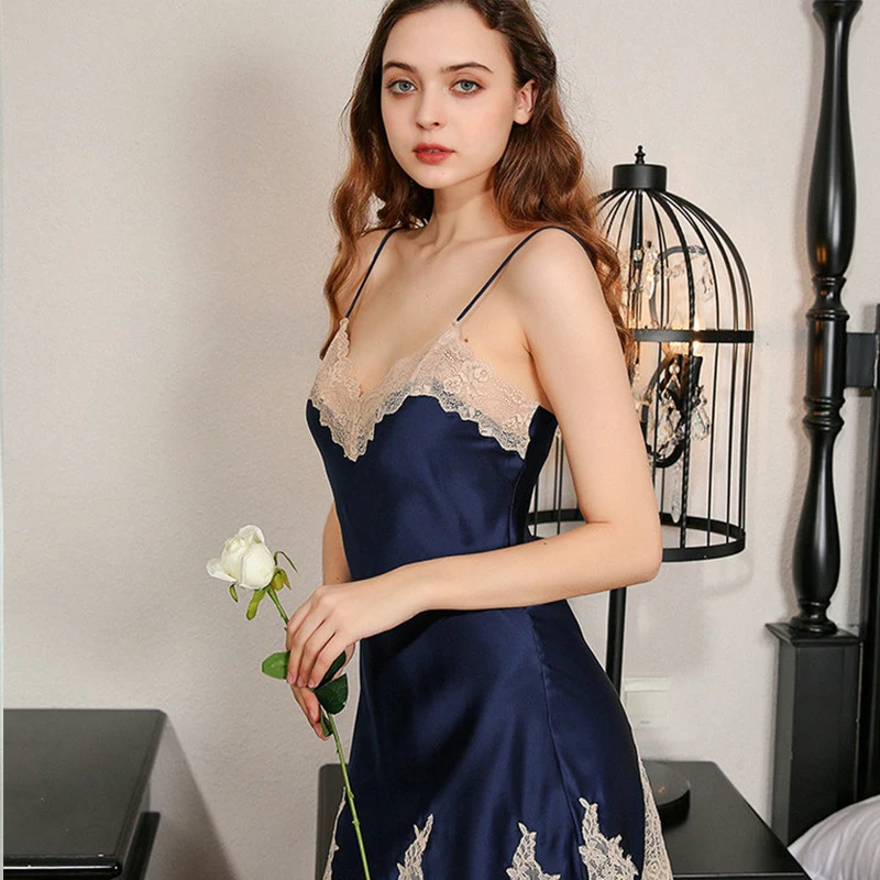 Women Lace Trim Silk Nightdress Soft Spaghetti Strap Court Style Sleepwear