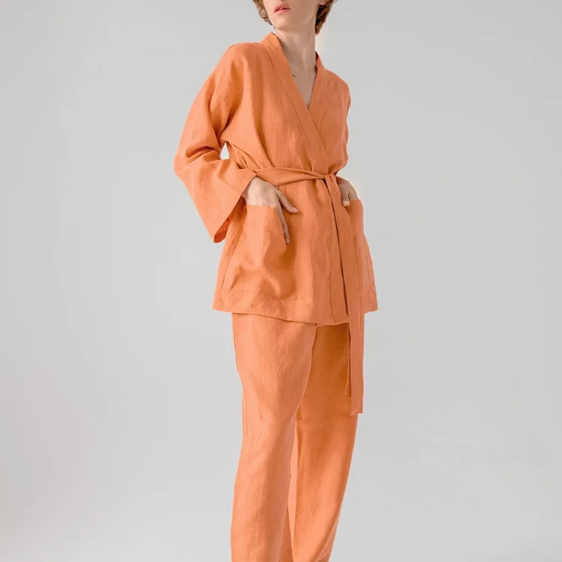Women Linen Loungewear 2Piece Pants Set Wrap Top Nightgown Belt Robes Wide Leg Kimono Pajamas