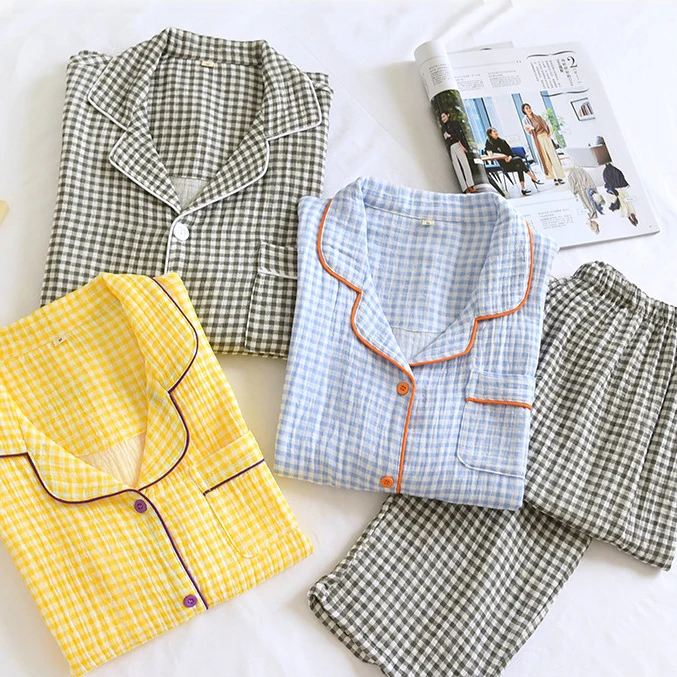 Women-Long-Sleeved-Pajamas-Cotton-Double-layer-Gauze-Couple-Mens-Lounge-Wear-Sets-Sleepwear