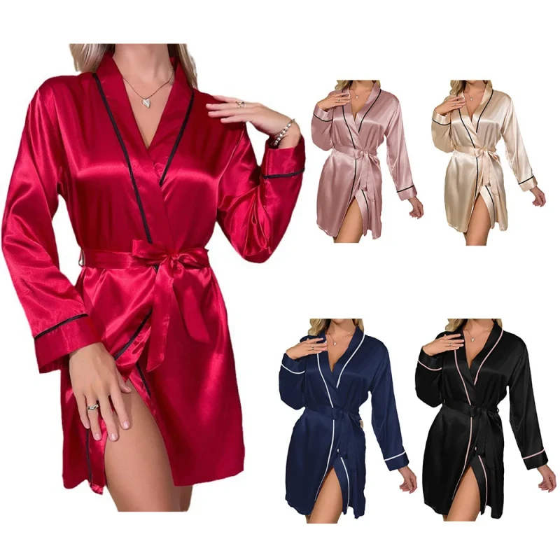 Women Luxury Open Long Robe with Waistband in Silk Elegant Pajamas in Loose Fit for Summer Breathable