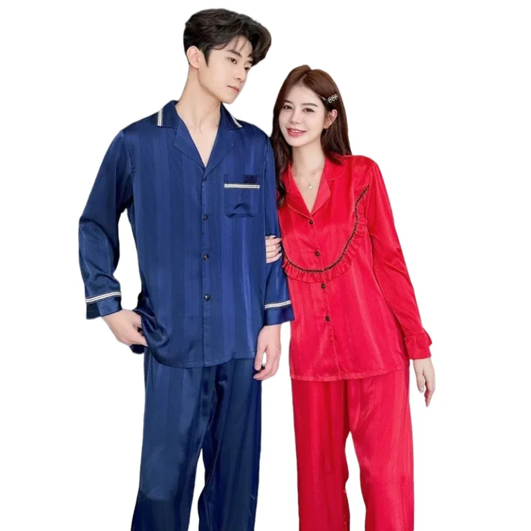Women-Men-Polyester-Cotton-Breathable-Thermal-Elastic-Waist-Pajamas-Lapel-Long-Sleeves-Solid-Color-Jacquard-Satin-Plus