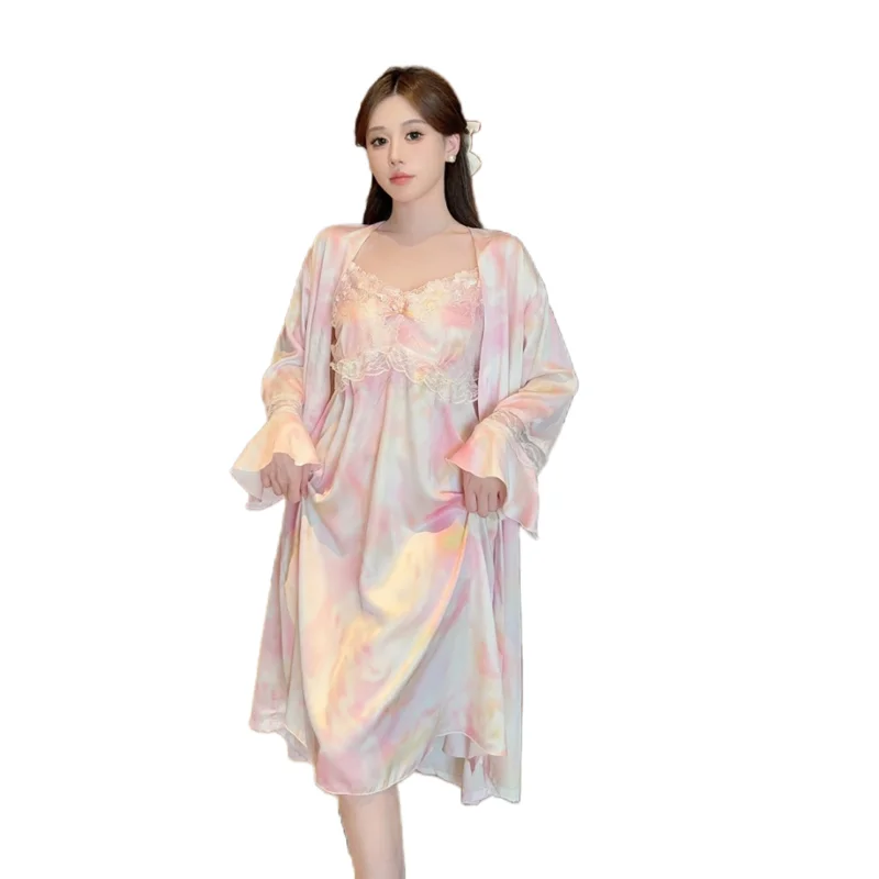 Women Nightdress Ice Silk Halter Nightgown Sexy Pajamas Lace V neck Printed Ladies Sleepwear Two Pieces Nightwear