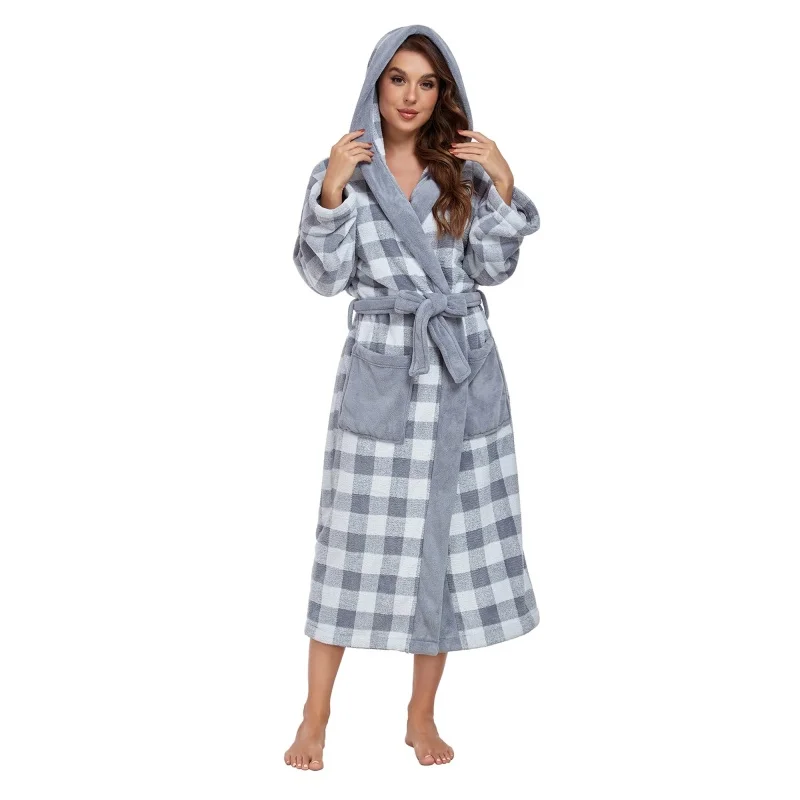 Women Nighty Bathrobe Women's Sleep Fleece Stripe Sleepwear Hotel Oversized Bath Robe