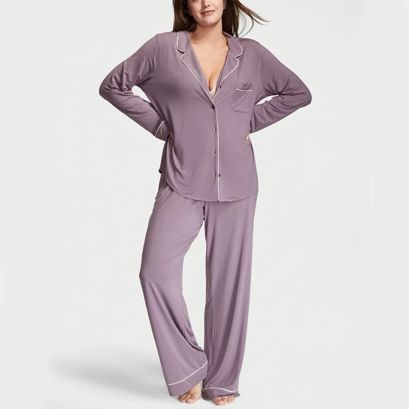 Women Pajamas for Women Button Front Oversize Long Sleeve Trouser Viscose Bamboo Pajamas Set