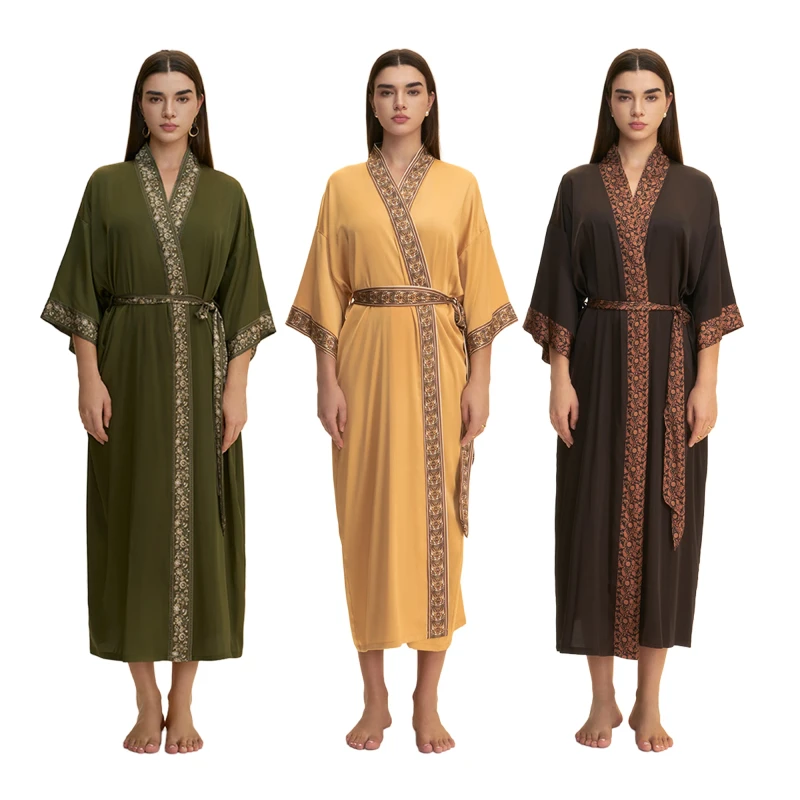Women Robe Comfortable Pajama Chiffon Robe Solid-Color Lace-Trimmed Long Robe Loungewear