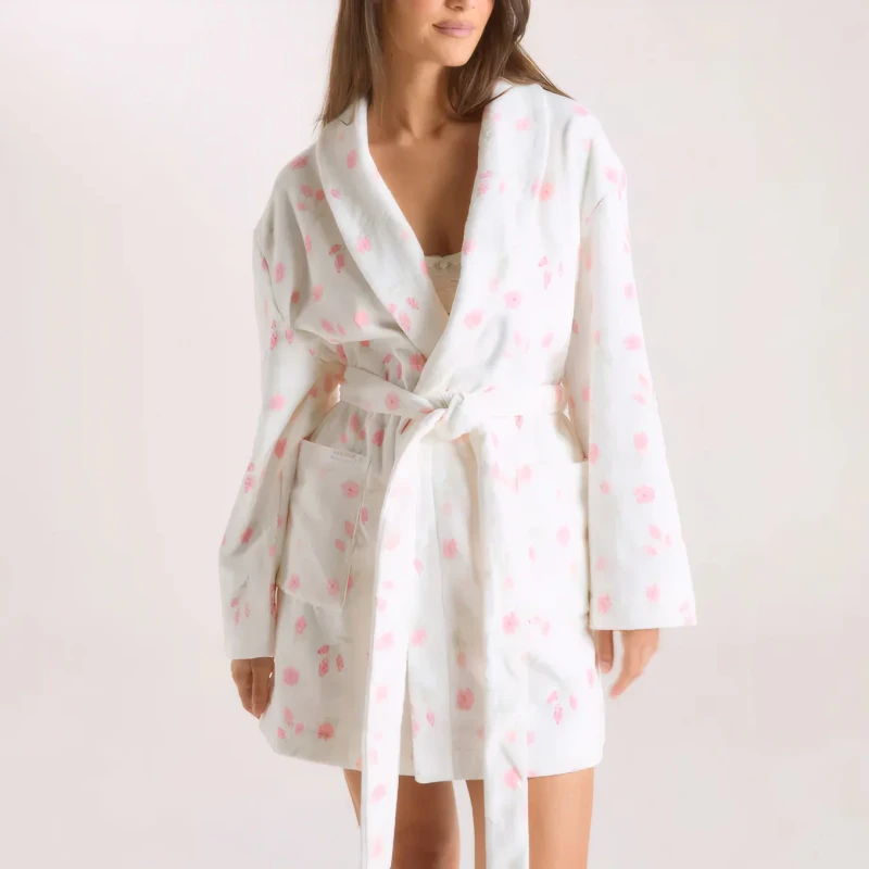 Women Robe V Neck Sleepwear Full Sleeves Floral Print Dressing Gown Lace up Robes With Pockets Warm Winter Bathrobe