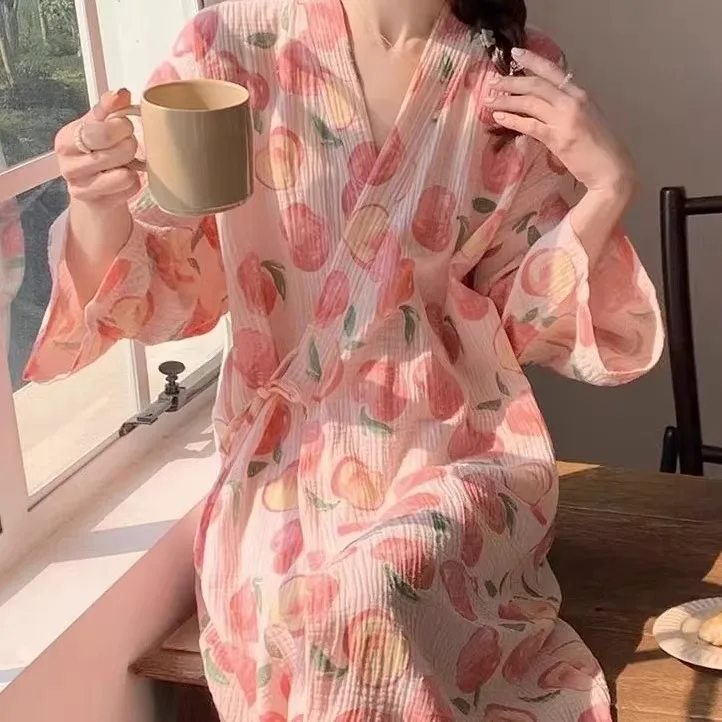 Women-Ruffles-Bathrobe-Kimono-Robes-with-Belt-Peach-Print-Sleepwear